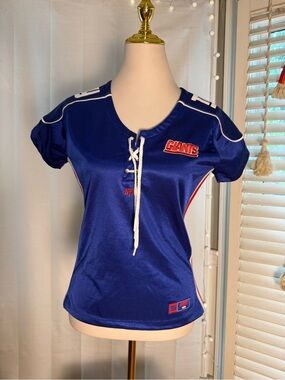 NFL Team Apparel NY Giants Lace Up Jersey Top Women’s Medium Blue Short Sleeve
